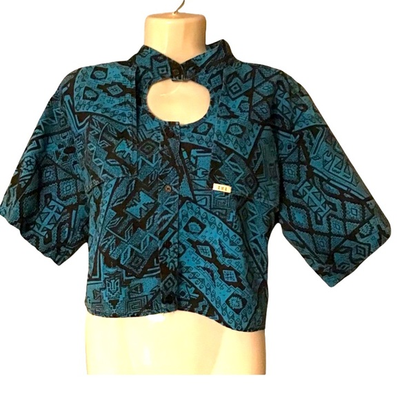 KMA Black & Aqua Blue Printed Short Sleeve Crop Western Button Up Shirt - Picture 1 of 3